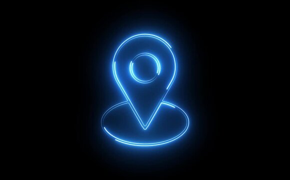 Abstract location glowing neon icon fast tracking map pin icon animation on black background.