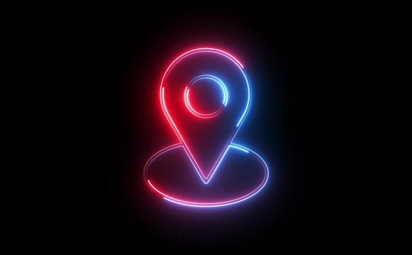 Abstract location glowing neon icon fast tracking map pin icon animation on black background.