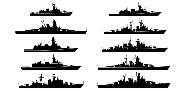 Military warship silhouettes set, 10 navy vessel icons in black vector format, battleship and destroyer side view profiles for naval defense design