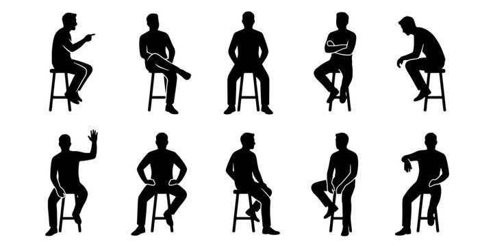 Black silhouettes of men sitting on bar stools, set of 10 male figures in various poses on chairs, flat vector icons for architectural visualization