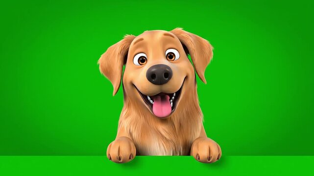 A cheerful cartoon dog peeking over a green surface with a happy expression on a solid green background.