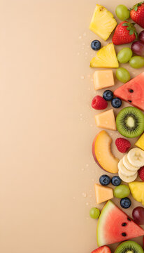 Healthy vegan snack concept with sliced tropical fruits and berries