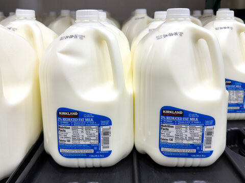 One gallon plastic jugs of Kirkland Signature two percent reduced fat milk