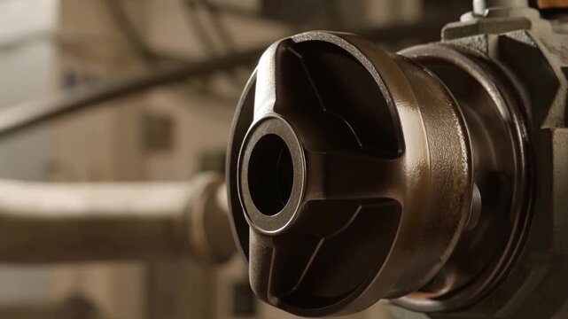 Tracking shot of metal impeller rotating on shaft in industrial workshop close up showing textured metallic surface and motion