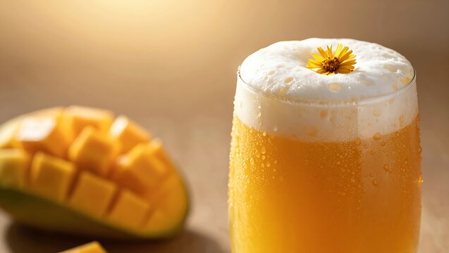 Cold Beer with Yellow Flower Garnish and Fresh Mango on Golden Warm Background