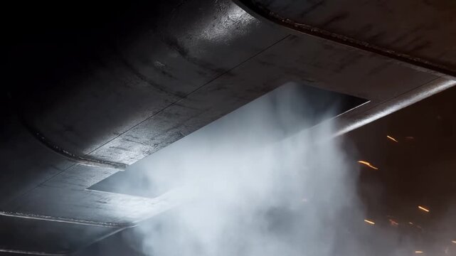 Slow motion static close up of smoke and sparks billowing from metal vent in industrial factory interior at night