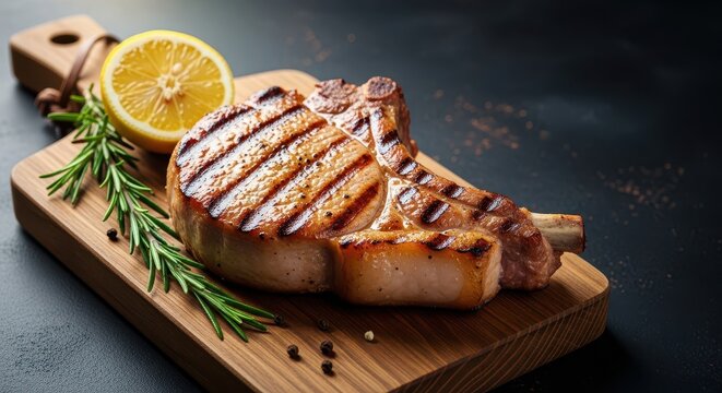 Juicy, thick-cut bone-in pork chop perfectly seared on a rustic wooden cutting board, ready for serving. Delicious protein meal, loin, barbecue, ingredient