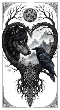 Celtic Wolf and Raven Mystical Heart Illustration