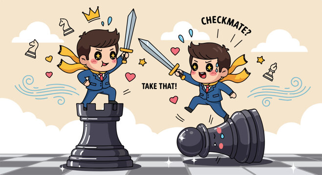 Two cartoon businessmen in suits fighting with swords on a chessboard, celebrating victory with a checkmate