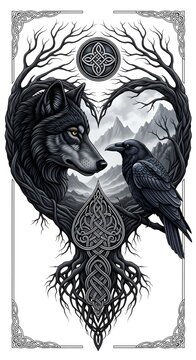 Celtic Wolf and Raven Mystical Heart Illustration
