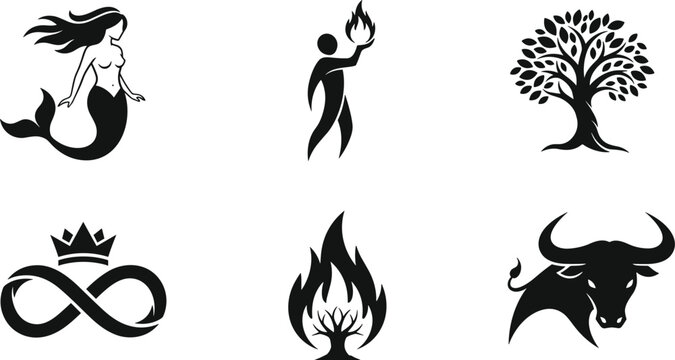 Diverse collection of black vector icons featuring a mythical mermaid, a fire-bearing figure, a leafy life tree, an infinity crown, and a powerful charging bull silhouette.