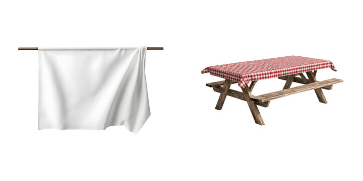 White cloth draped over wooden picnic table with red gingham checkered tablecloth isolated on transparent background