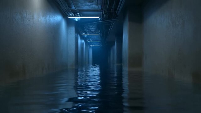 Tracking shot of flooded underground industrial corridor with rippling water and blue reflections under exposed cables and ceiling lights