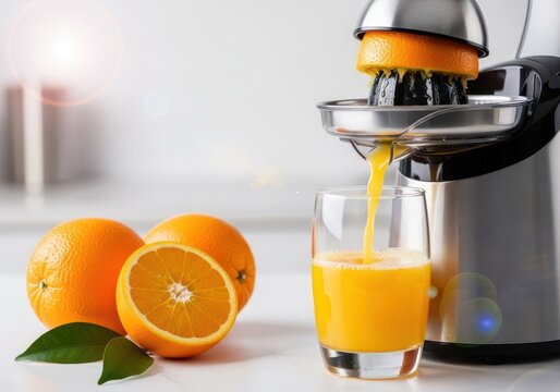 Preparing freshly squeezed orange juice using a modern electric citrus juicer on a kitchen counter, emphasizing healthy vitamin drink preparation, refreshment, slice, machine