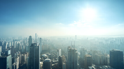 Fototapeta premium Impressive city skyline captured from above under a clear blue sky with scattered clouds in the horizon.