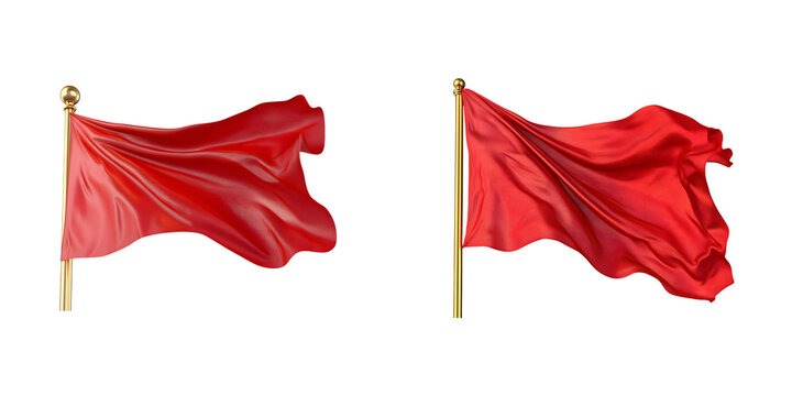Two vibrant red fabric banners or flags waving in the wind with golden finials isolated on transparent background
