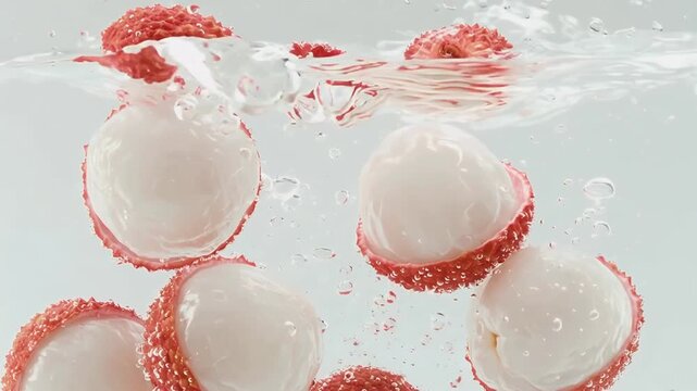Peeled Lychee Fruits Falling into Sparkling Water with Bubbles, Close-up Tropical Fruit Refreshment for Beverage and Skincare Commercials