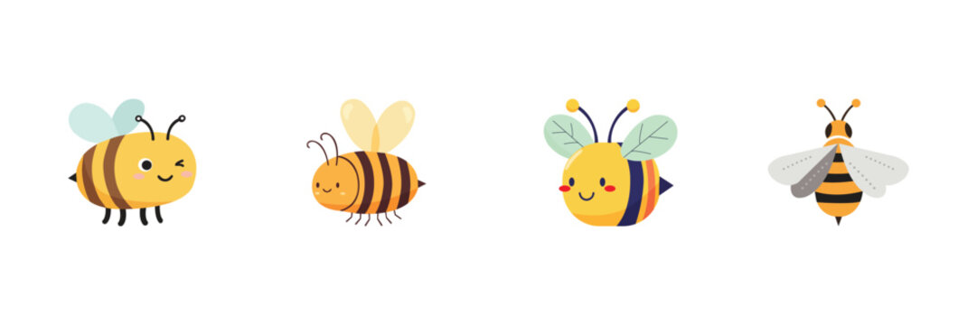 Bee kind cute cartoon character icon set. Honey with daisy, flower and pollination, concept vector illustration isolated on white background