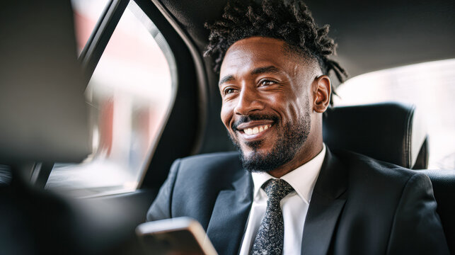 A well-dressed man smiles while sitting in the back seat of a car, holding a smartphone.