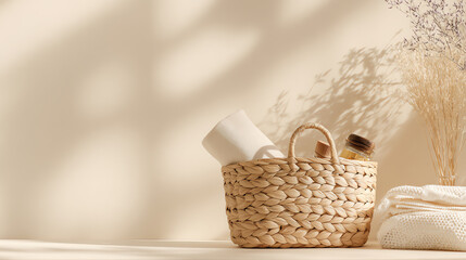 Obraz premium A cozy woven basket filled with essentials against a serene minimalist backdrop, highlighting simplicity and tranquility in everyday life.
