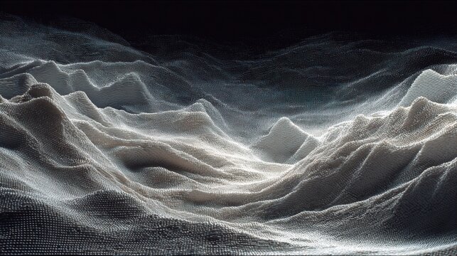 Abstract 3D particle mesh terrain with glowing valleys and layered wave landscape on dark space
