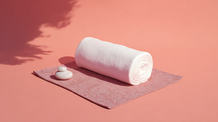 Obraz premium A tranquil setting featuring a rolled towel and stone, perfect for relaxation and wellness. Ideal for spa and self-care themes.