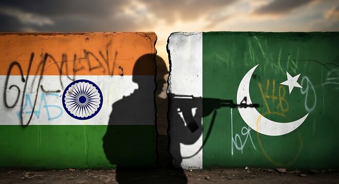 India and Pakistan Conflict - A Soldiers Shadow on Divided Flags.