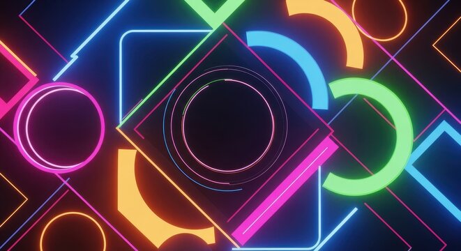A dynamic, vibrant abstract backdrop featuring geometric shapes, bold lines, and clashing neon colors in a retro futuristic style, illustration, wallpaper, shape