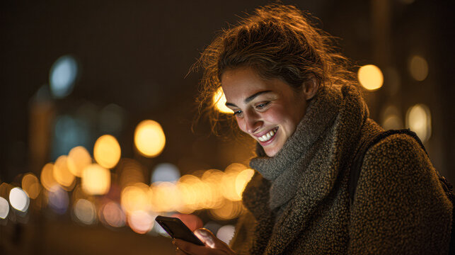 A young woman smiles while looking at her smartphone on a city street at night, surrounded by blurred glowing lights.