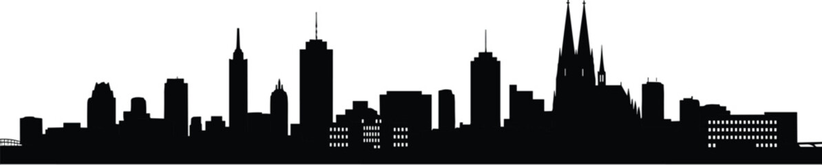 Obraz premium Black silhouette illustration of city skyline with skyscrapers, cathedral spires, diverse architecture, urban landscape, metropolitan buildings, modern and historic structures