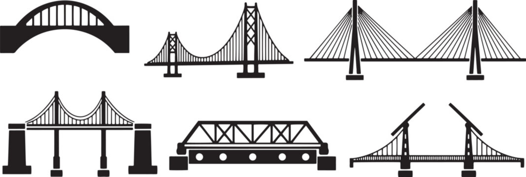 A collection of diverse iconic bridge structures seen from the side