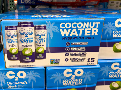 C2O Pure Coconut Water Unsweetened Hydration Pack 15 Cans Displayed