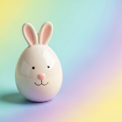 Obraz premium Adorable ceramic rabbit shaped Easter egg decoration resting on a vibrant pastel surface, symbolizing the joy and freshness of the spring holiday season, painted, colorful, cute