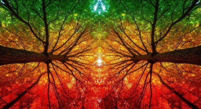 A vibrant forest canopy displaying the intense color shift of autumn foliage under bright sunlight, highlighting the cyclical beauty of nature's seasonal change, leaves, landscape, sunlight