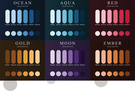 Showcasing diverse digital color palettes with hex codes for creative graphic design projects, featuring ocean, aqua, red, gold, moon, and ember schemes for inspiration.
