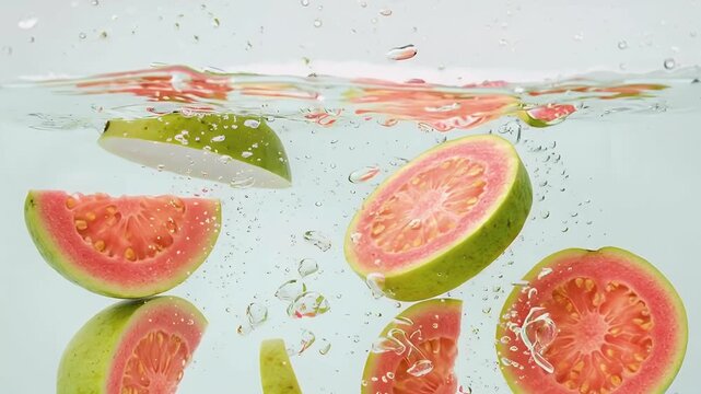 Pink Guava Slices Falling into Clear Water with Bubbles, Macro Shot of Tropical Fruit for Summer Drinks and Healthy Nutrition Concepts