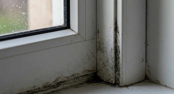 Close-up of black mold growing intensely in the lower corner joint of a white PVC plastic window frame, indicating moisture and poor ventilation, humidity, window, seal
