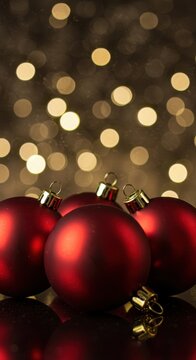 Close-up van vijf felrode kerstballen met een reflecterend oppervlak en een zachte, bokeh glitterende achtergrond voor de feestdagen, decoratie, groepering, fonkeling