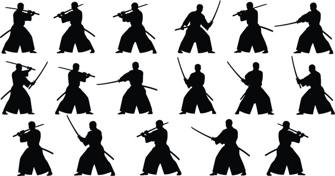 Black silhouettes of samurai warriors with katana swords in martial arts stances, Japanese swordsmanship illustration showing combat techniques, discipline, and fighting poses