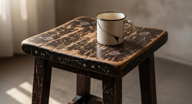 A vintage scuffed wooden stool with a cracked ceramic mug placed on its aged surface