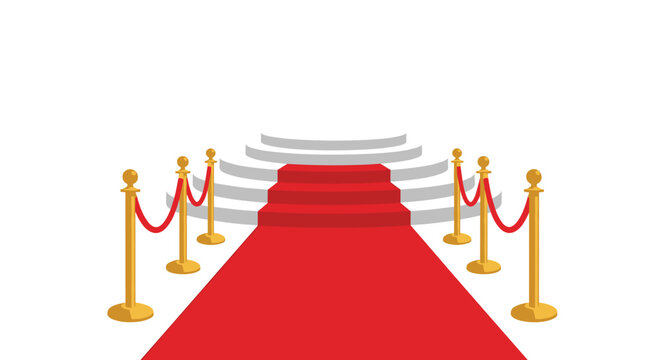 Red carpet walkway leading to a circular white stage podium flanked by elegant gold stanchions and velvet ropes for an award ceremony or luxury event.