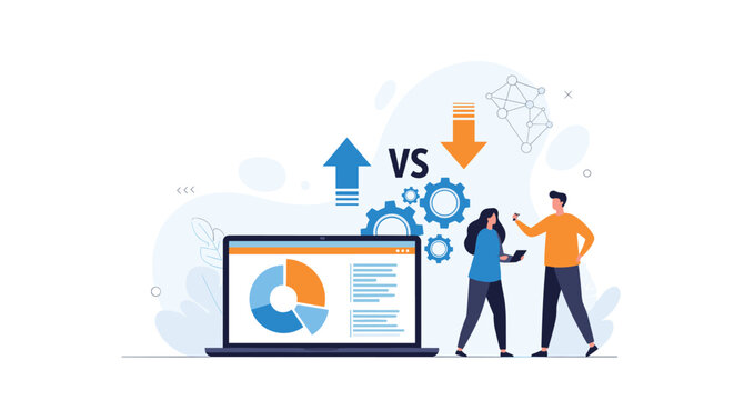 Business comparison concept featuring a laptop with data charts two professionals discussing results and up and down arrows marked with vs.