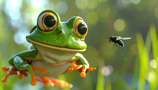 A Frog's Feast: A vibrant close-up captures a frog's focused gaze as it prepares to snatch a buzzing insect mid-air, a moment of pure predatory intent.
