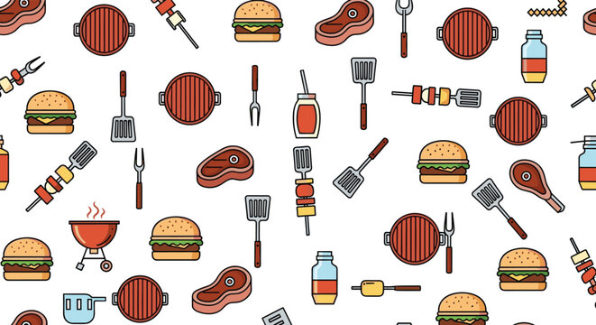 Barbecue party seamless pattern with icons of grill burgers steak meat skewers and kitchen utensils on clean white background.