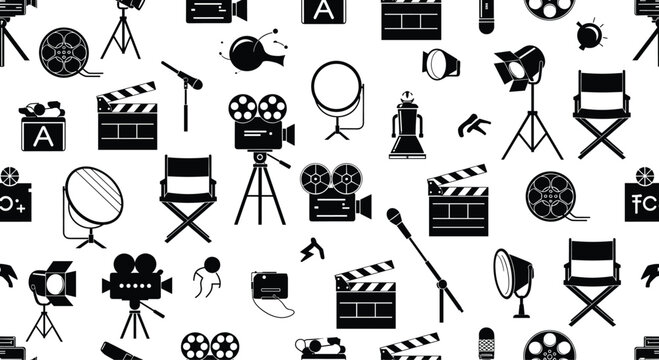 Filmmaking and cinema seamless pattern with icons of movie cameras clapperboards directors chairs and studio lighting.