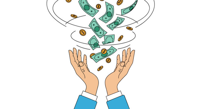 Illustration of hands open to catch falling money bills and gold coins in a swirling motion, representing wealth and prosperity.