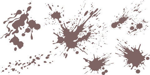 Collection of large dark brown mud splatters and dirt splashes grunge texture graphic elements on white background off road splatter background isolated abstract footprint environment © HexaFrame