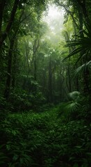 Fototapeta premium Dense, lush green foliage dominates the view in this humid, warm, and mysterious jungle ecosystem. Sunlight filters through the tropical canopy, mystery, canopy, lush