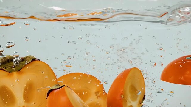 Ripe Persimmon Slices and Halves Falling into Clear Water with Air Bubbles, High-Speed Cinematic Shot of Orange Autumn Fruit Splashing