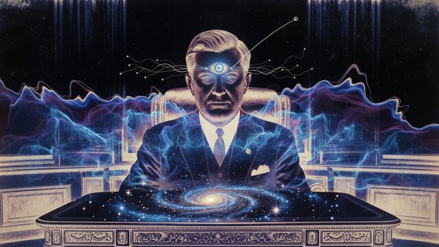 Man in suit with third eye observing galaxy on desk. Science fiction art of cosmic mind and paranormal phenomenon. Surreal illustration of universe connection and alien intelligence.